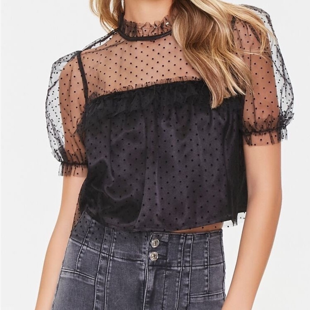 Whimsigoth Sheer Black Swiss Dot Mesh Blouse Ruffled Puff Sleeve Babydoll Top M